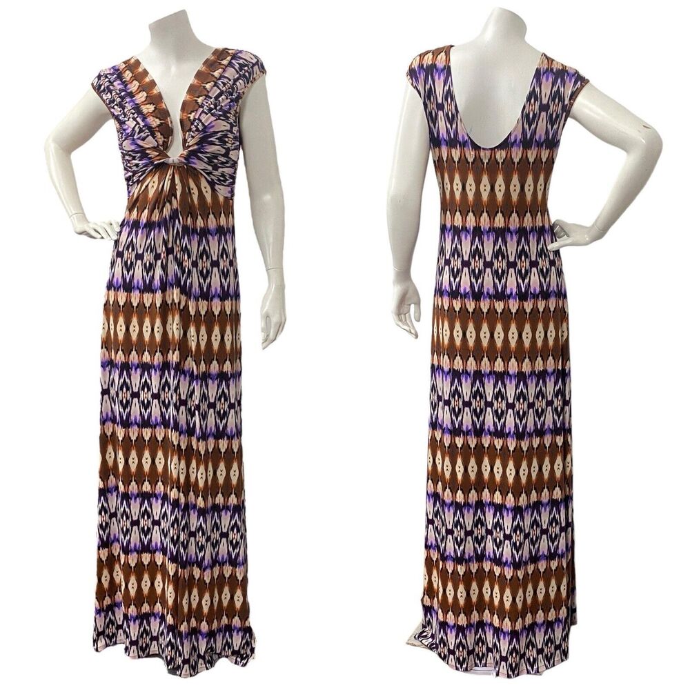Julian Chang Women's Med Geomatric Purple Brown Print Maxi Dress Sleeveless